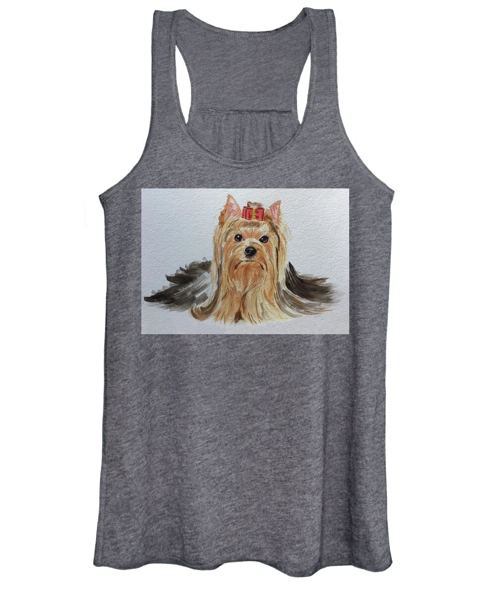 Yorkie Women's Tank Top featuring the painting Put A Bow On It by Sonja Jones