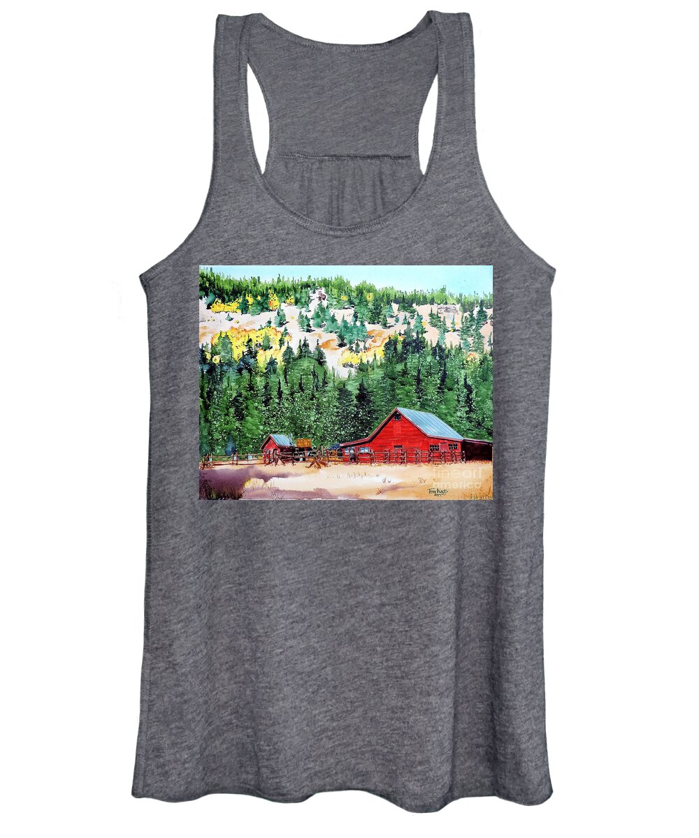 Red Women's Tank Top featuring the painting Red Barn in Autumn by Tom Riggs