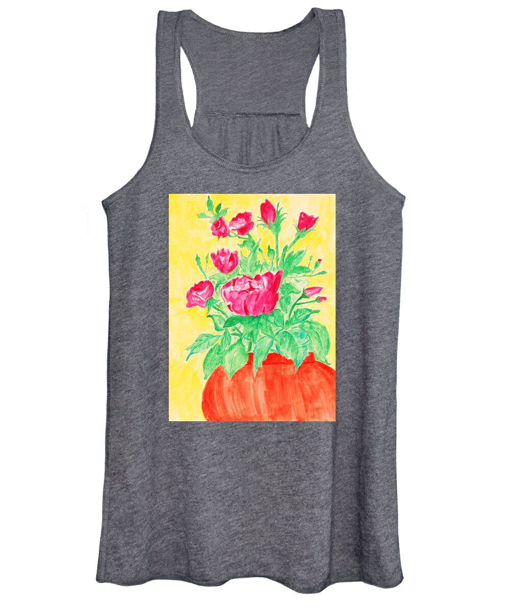 Flower Women's Tank Top featuring the painting Red Flowers in a Brown vase by Jose Rojas