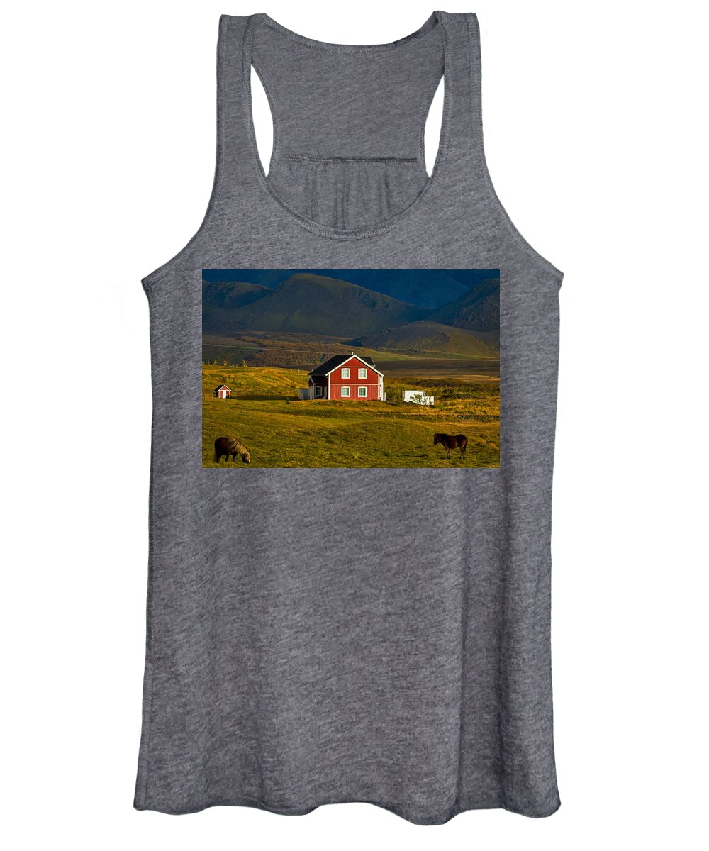 Horse Women's Tank Top featuring the photograph Red House and Horses - Iceland by Stuart Litoff