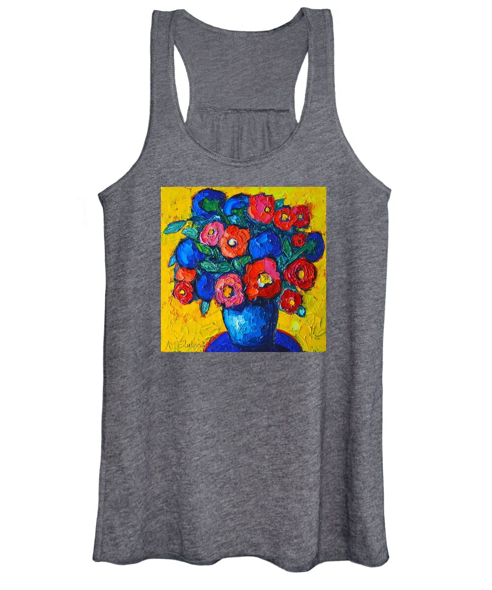 Poppies Women's Tank Top featuring the painting Red Poppies And Blue Flowers - Abstract Floral by Ana Maria Edulescu