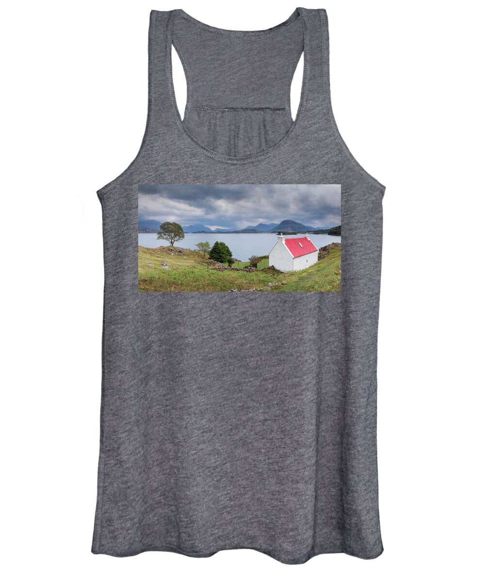 Red Roof Cottage Women's Tank Top featuring the photograph Red Roof Cottage near Sheildaig on the North Coast 500, Scotland by Anita Nicholson