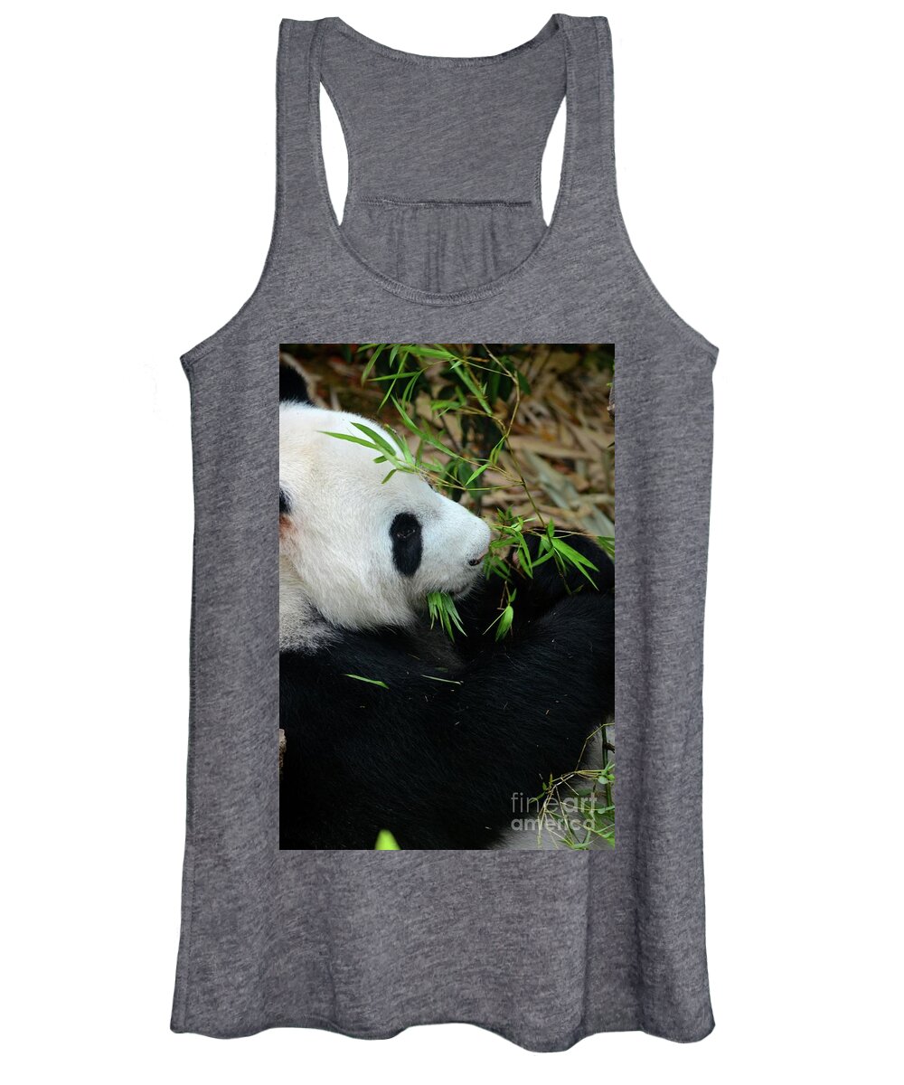 Panda Women's Tank Top featuring the photograph Relaxed Panda bear eats with green leaves in mouth by Imran Ahmed