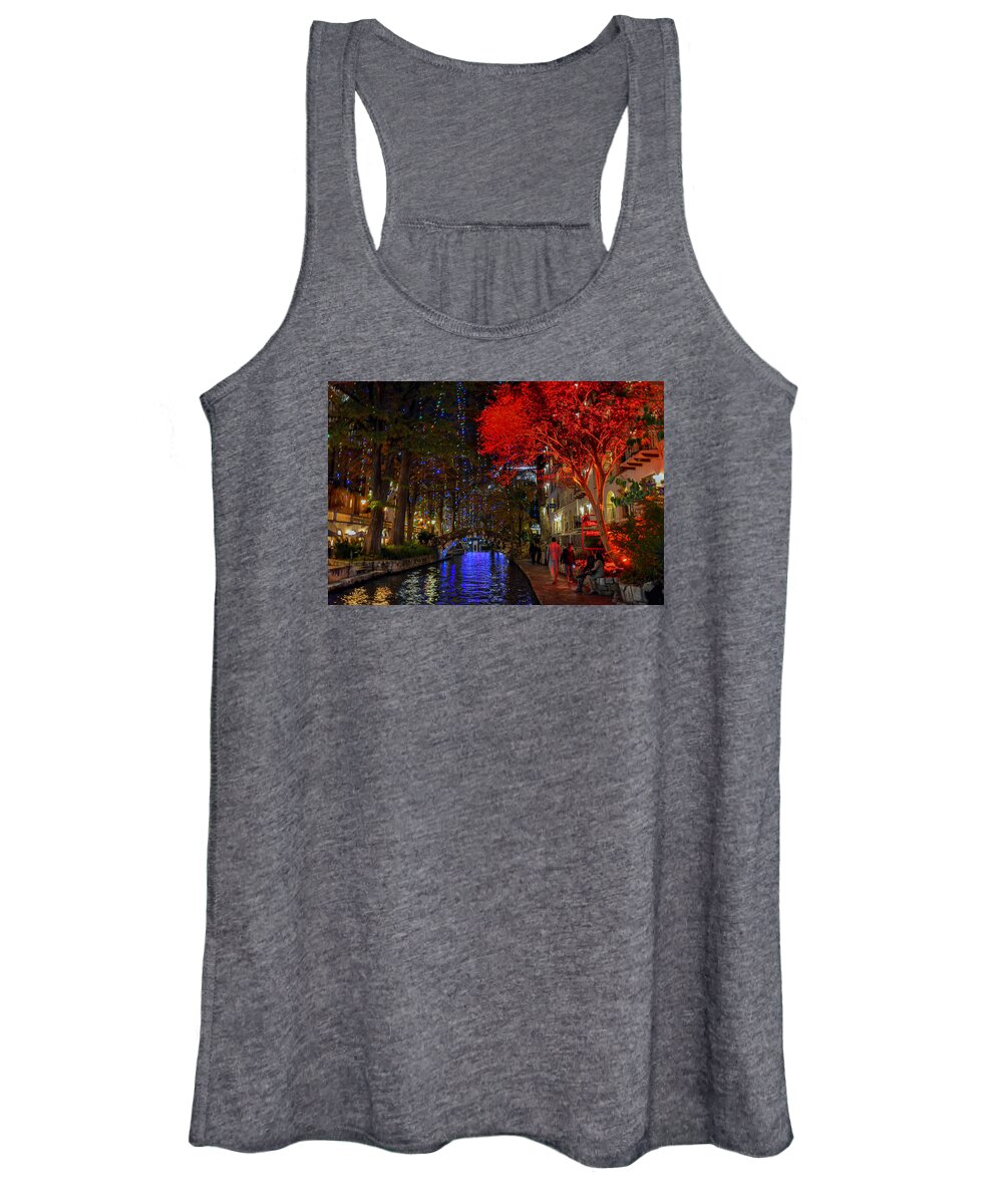 Tx Women's Tank Top featuring the pyrography Riverwalk Holiday 2 by David Meznarich