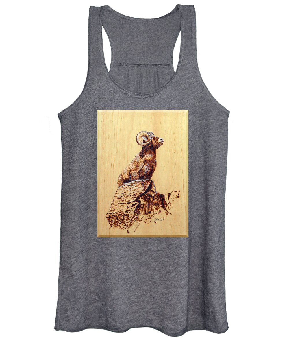 Ram Women's Tank Top featuring the pyrography Rocky Mountain Bighorn Sheep by Ron Haist