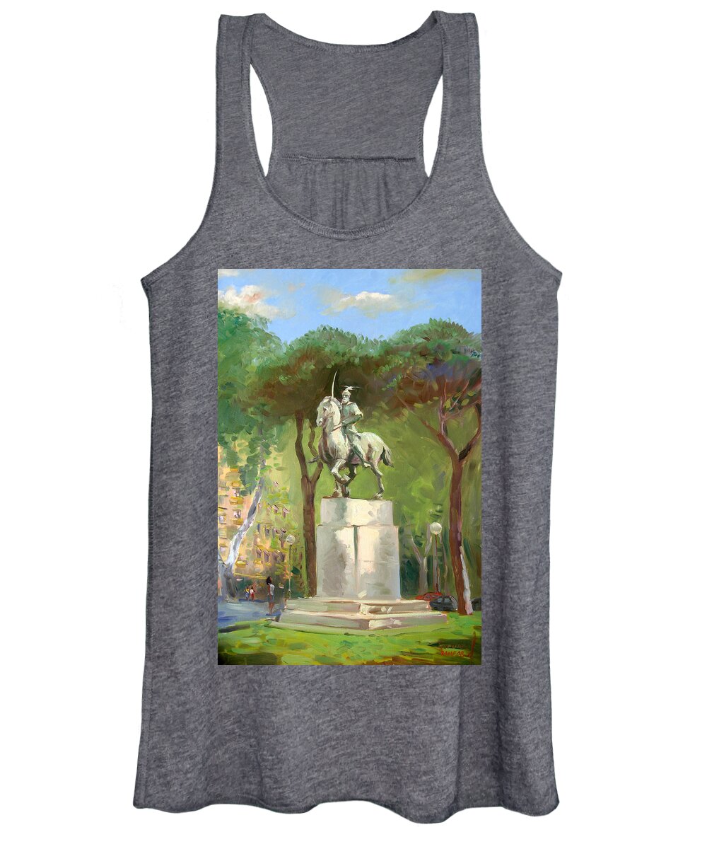 Horseman Statue Portraying The Albanian Hero Women's Tank Top featuring the painting Rome Piazza Albania by Ylli Haruni