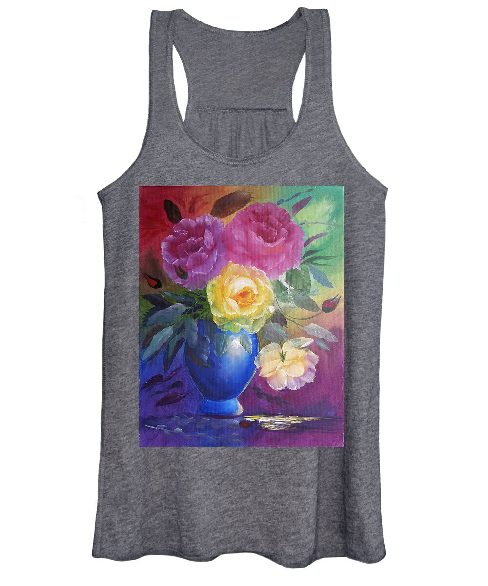 Rose Women's Tank Top featuring the painting Roses and a Blue Pot by Russell Collins