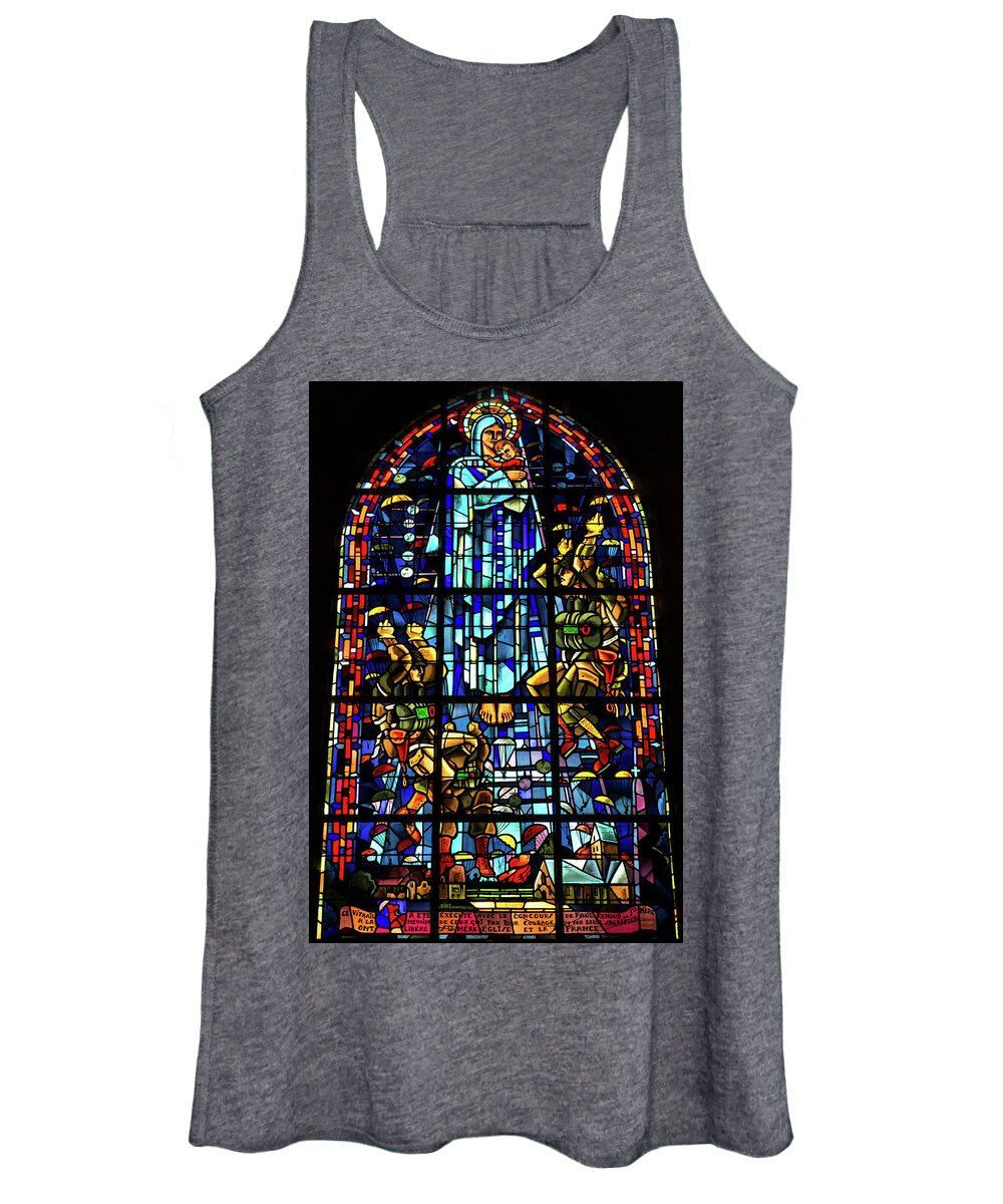 Sainte-mere-eglise Women's Tank Top featuring the photograph Sainte-Mere-Eglise Paratrooper Tribute Stained Glass Window by John Daly