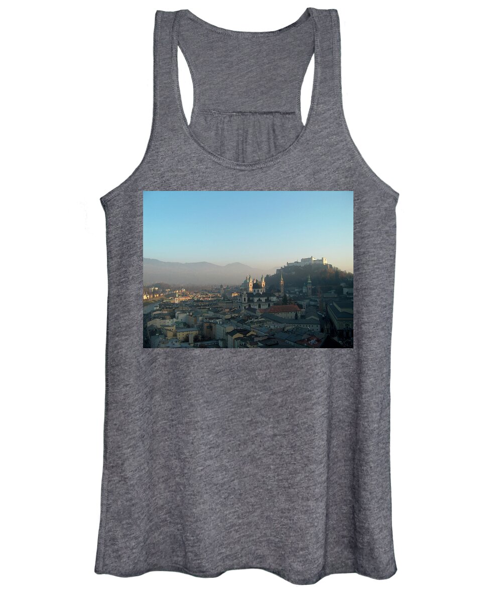 Salzburg Frost Winter Austria Cityscape Icy Cold Blue-sky Winter Haze Old Medieval European Mozart Women's Tank Top featuring the photograph Salzburg by Ian Sanders