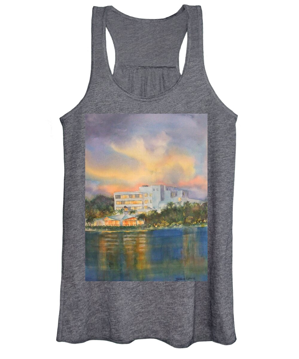 Sandcastle Hotel In Clearwater Florida Women's Tank Top featuring the painting Sandcastle Retreat by Debbie Lewis