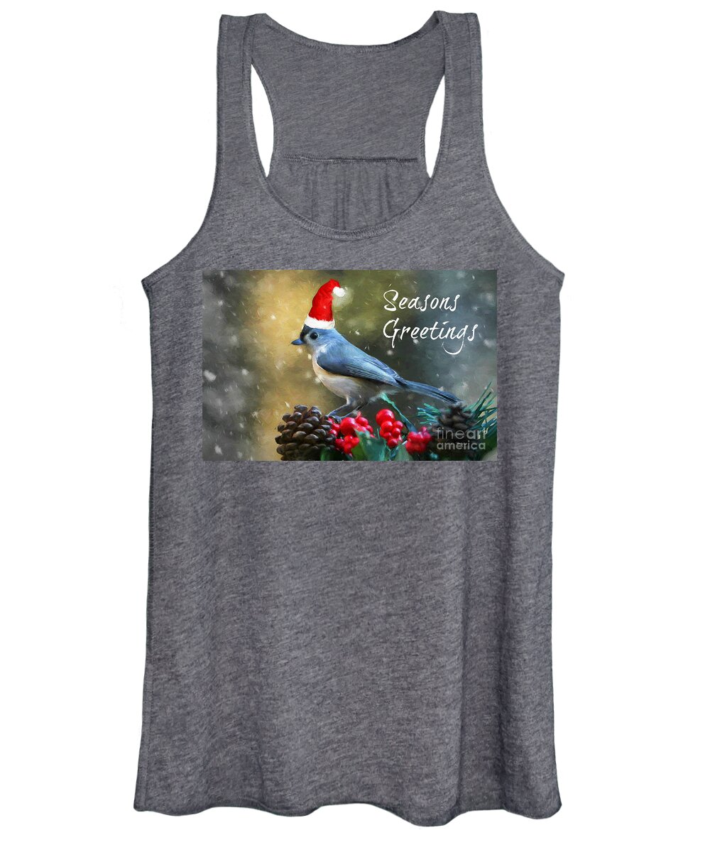 Christmas Card Women's Tank Top featuring the mixed media Seasons Greetings Titmouse by Tina LeCour