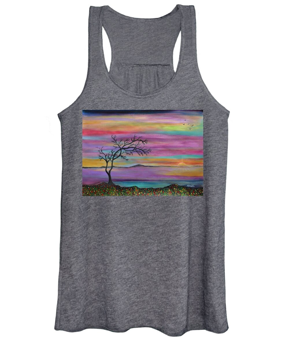 Landscape Women's Tank Top featuring the painting Serene sunset by Manjiri Kanvinde