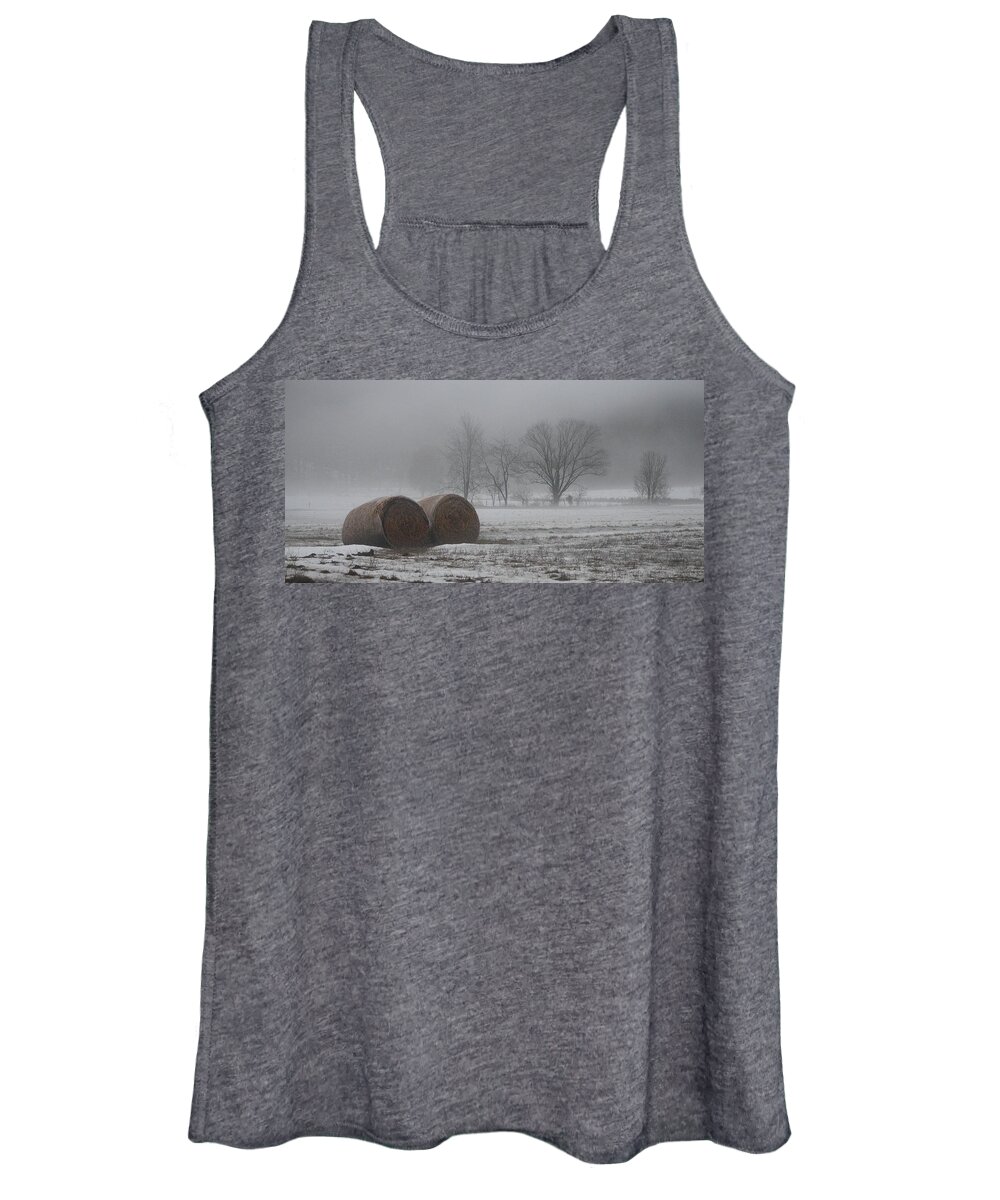 Foggy Field Landscape In Snow. Women's Tank Top featuring the photograph Shoulder to Shoulder by Jack Harries