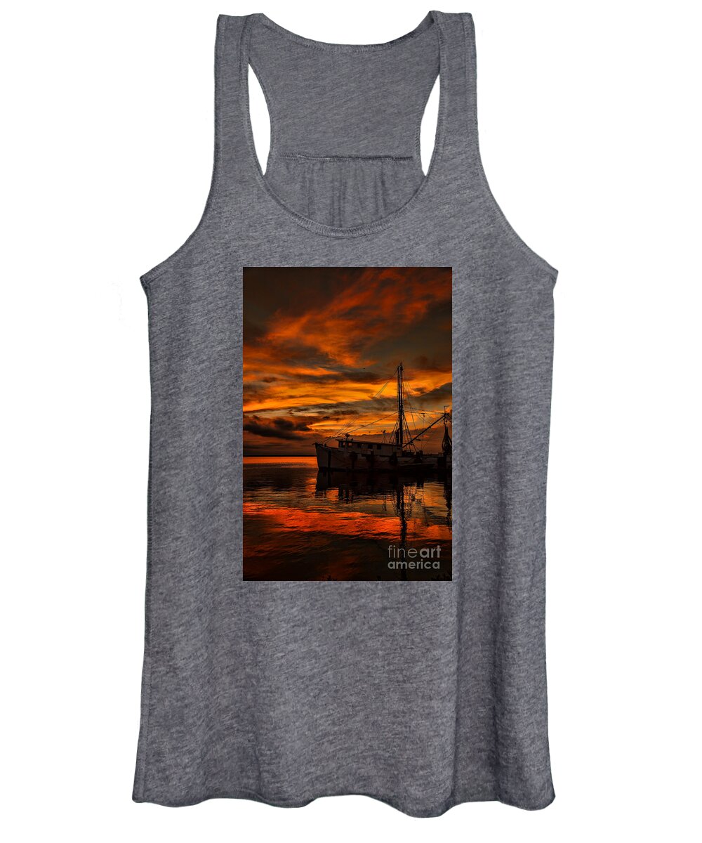 Art Prints Women's Tank Top featuring the photograph Shrimp Boat Sunset by Dave Bosse