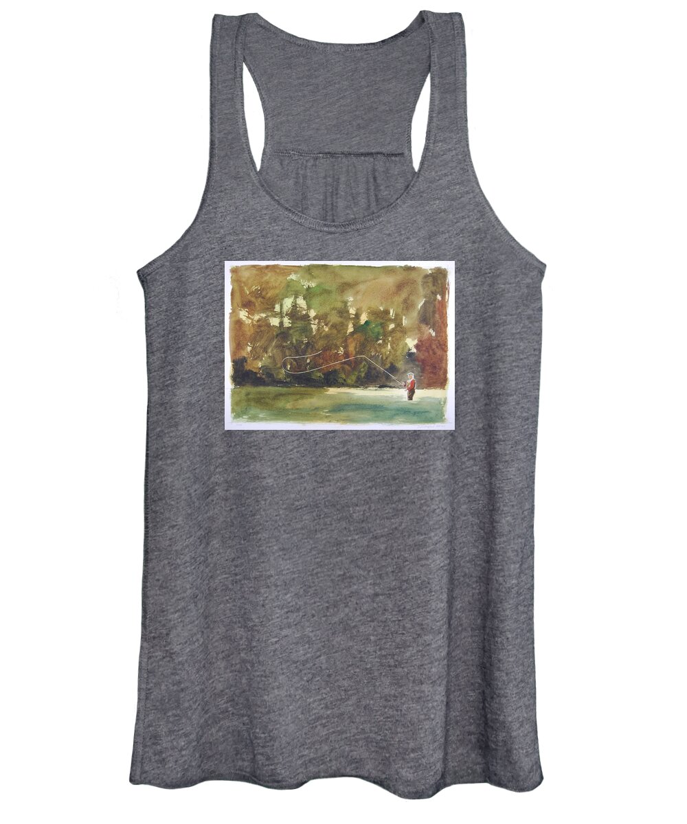 Fly Fishing Angler River Trees Man Watercolor Paper Women's Tank Top featuring the painting Snap by Stephen Rutherford