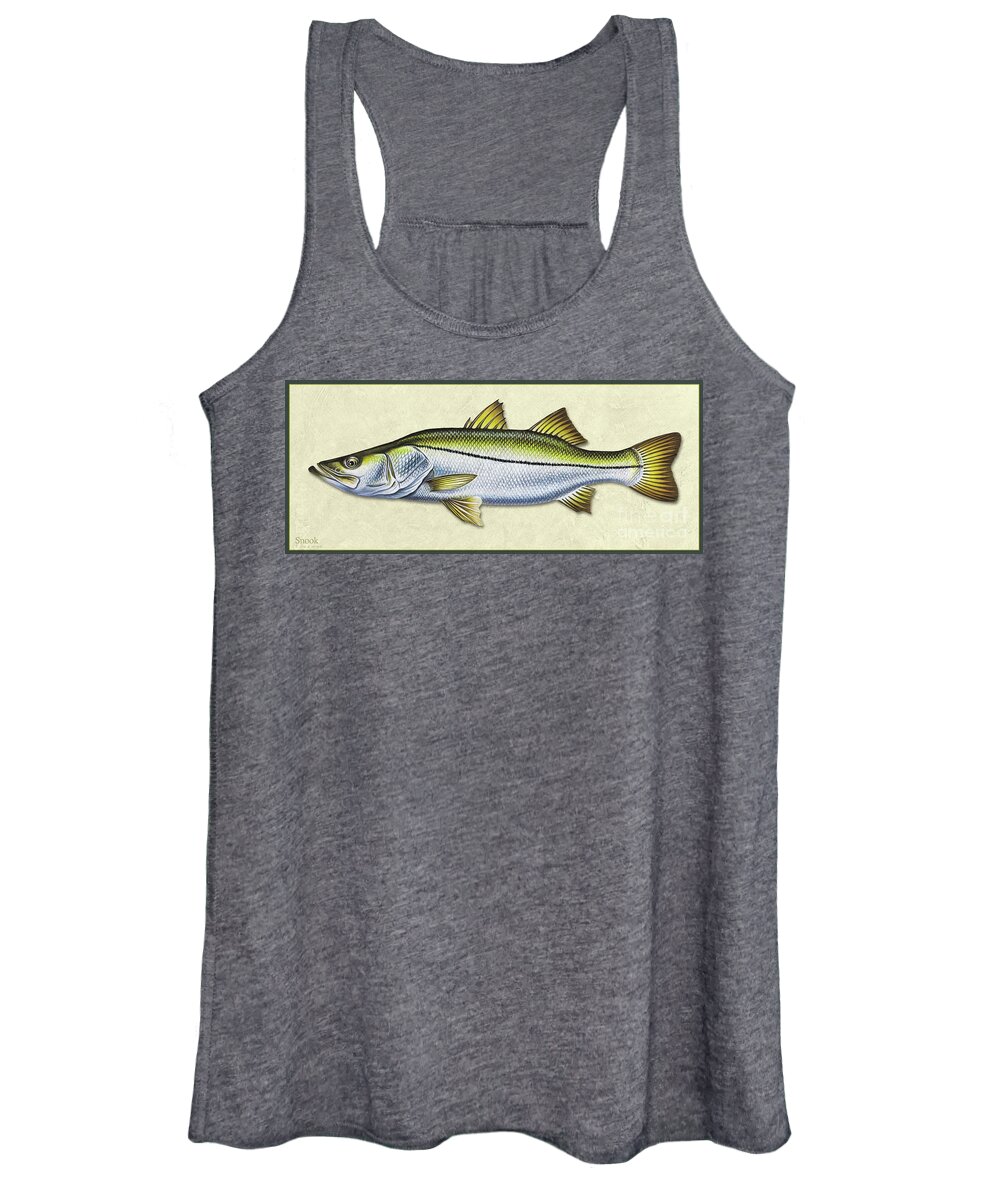 Jon Q Wright Snook Ocean Saltwater Gamefish Fishing Fish Print Fish Poster Lure Tackle Women's Tank Top featuring the painting Snook ID by Jon Q Wright