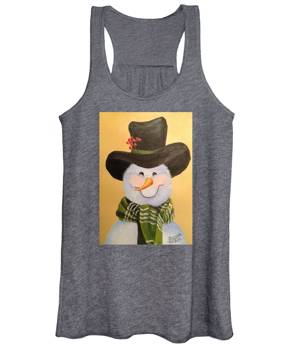 Snowie Women's Tank Top featuring the painting Snowman in Green Scarf by Donna Tucker