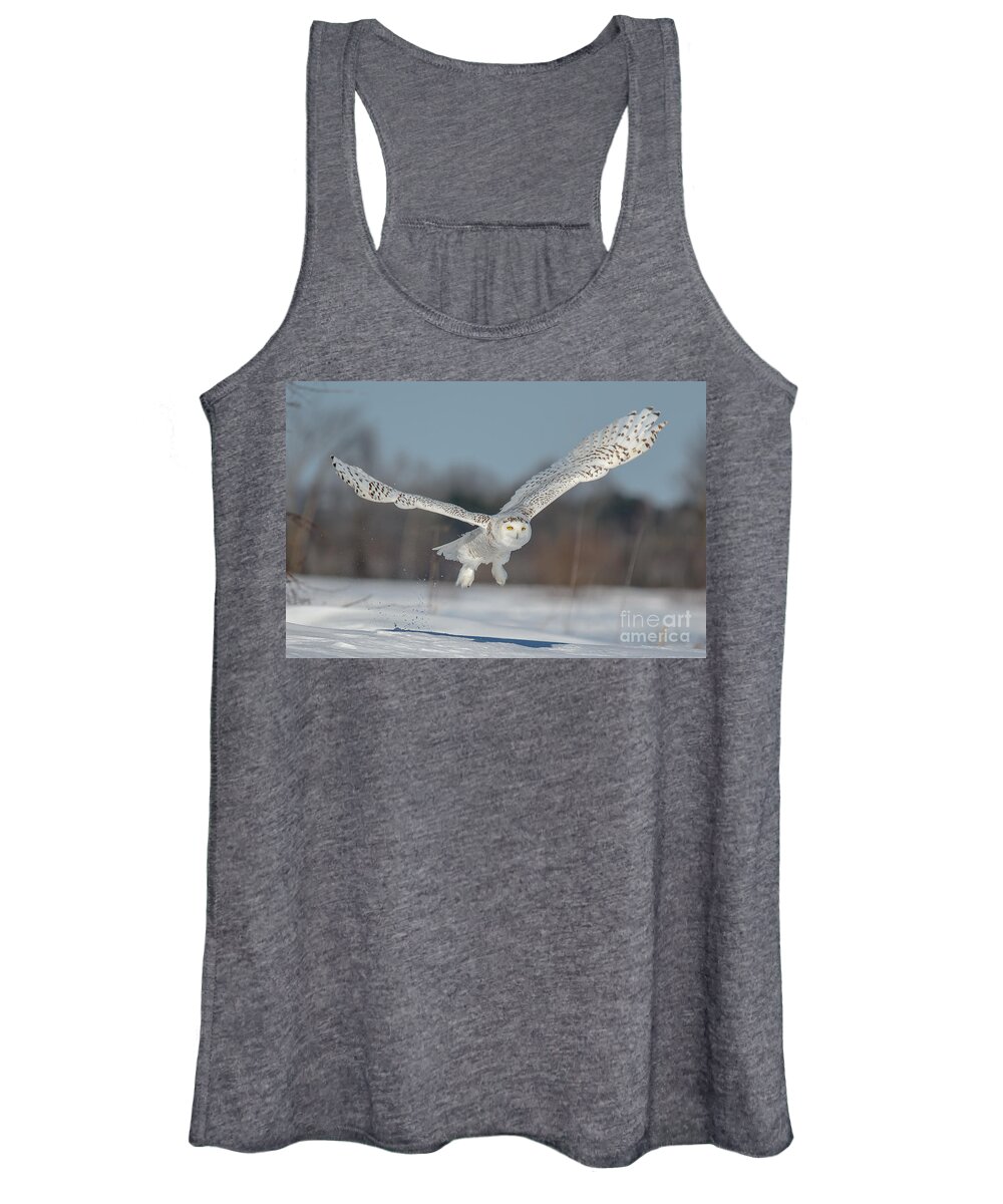 Cheryl Baxter Photography Women's Tank Top featuring the photograph Snowy Owl Taking Off by Cheryl Baxter
