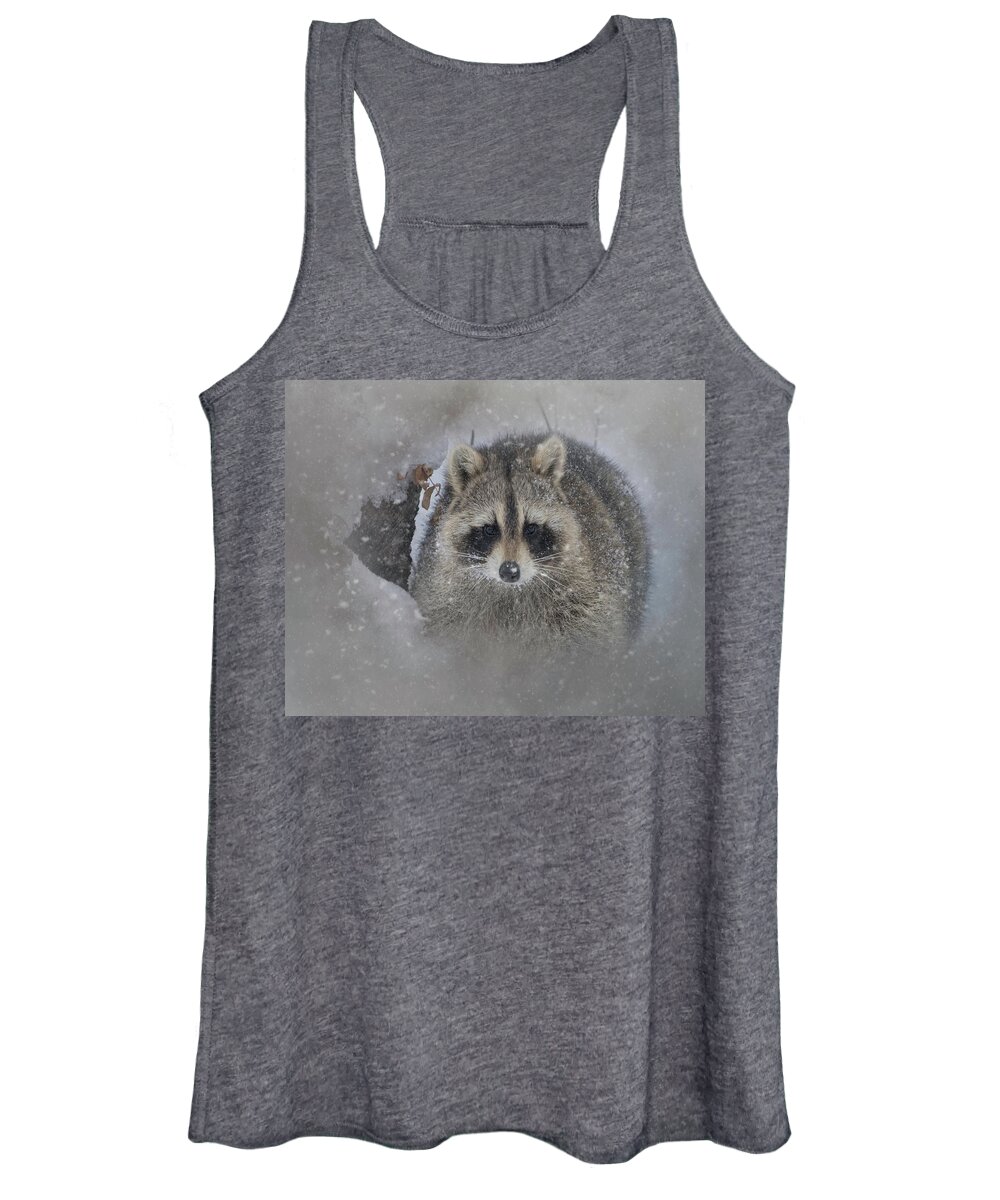Adorable Women's Tank Top featuring the photograph Snowy Raccoon by Teresa Wilson