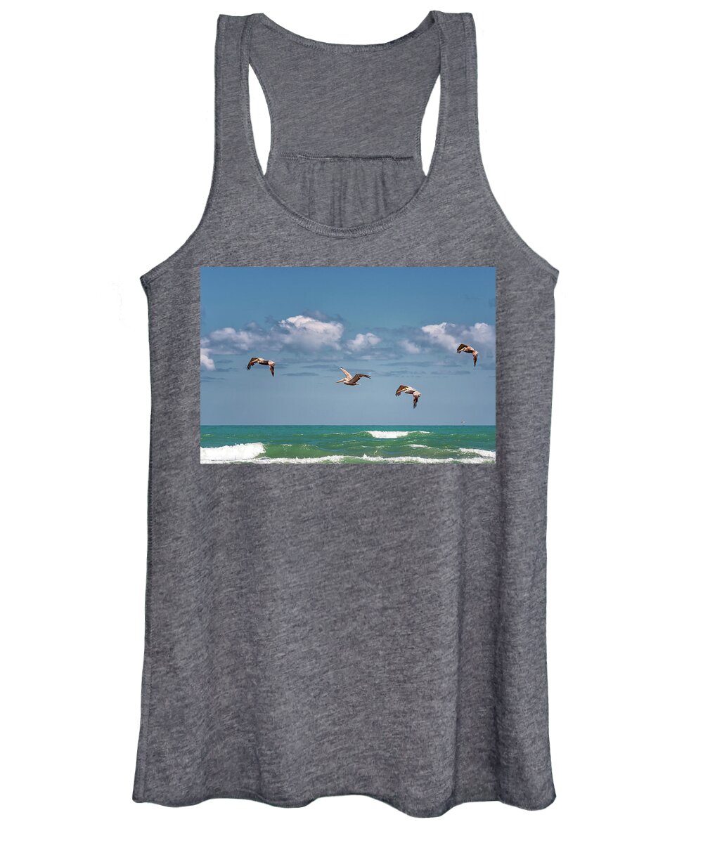Brown Pelican Women's Tank Top featuring the photograph South Padre Island Pelicans by Victor Culpepper