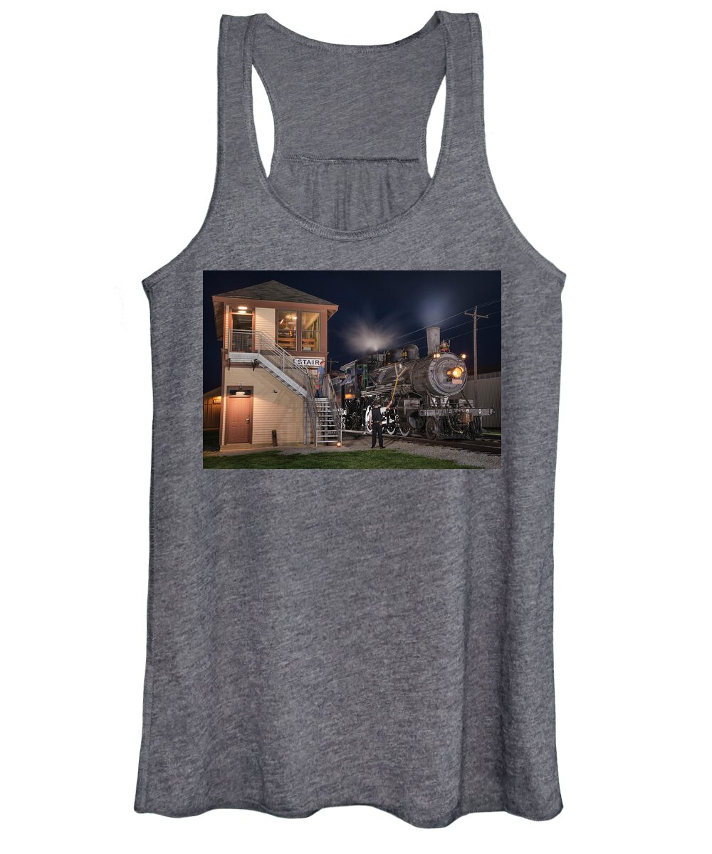 #railroad #railroads Train #trains Women's Tank Top featuring the photograph Southern Steam engine 401 prepares to pickup a set of train orders at Stair Tower by Jim Pearson