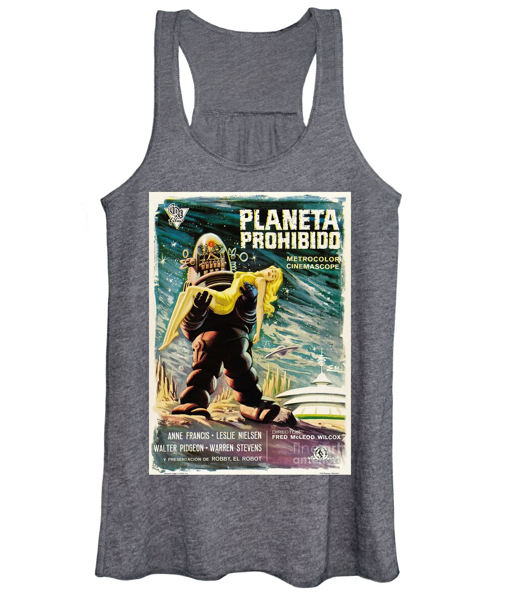 Spanish Version Women's Tank Top featuring the painting Spanish version of Forbidden Planet in CinemaScope retro classic movie poster by Vintage Collectables