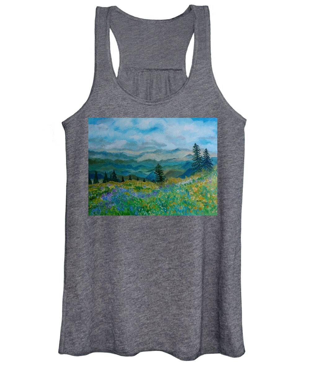 Spring Women's Tank Top featuring the painting Spring In Bloom - Mountain Landscape by Julie Brugh Riffey