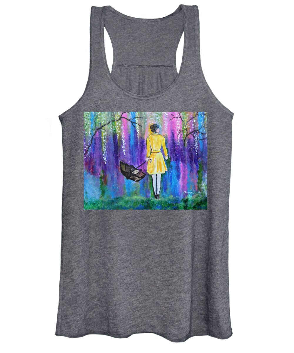 Spring Women's Tank Top featuring the painting Spring Walk Landscape painting with colors of spring by Manjiri Kanvinde