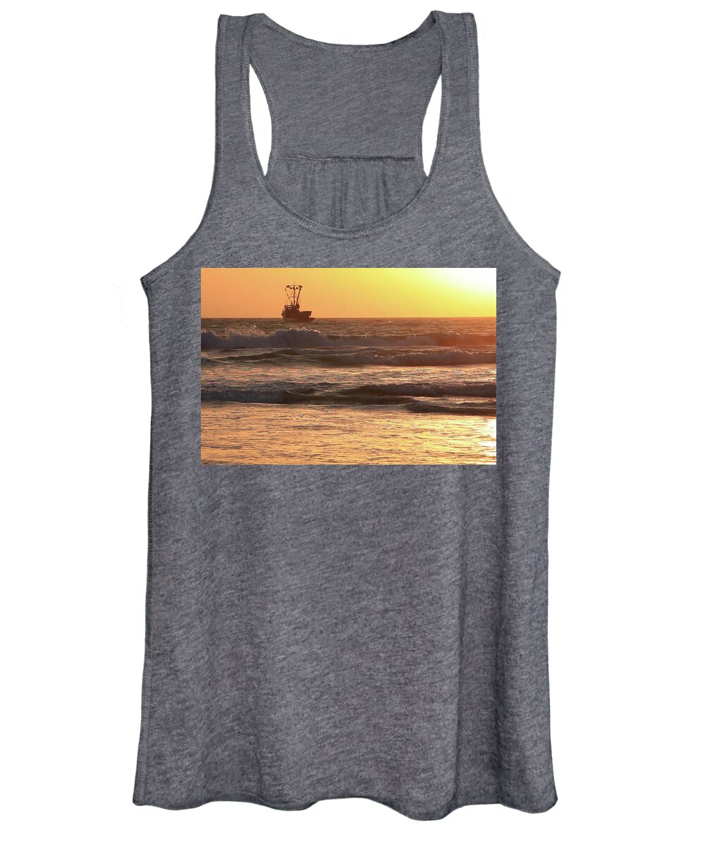 Sunset Women's Tank Top featuring the photograph Squid Boat Golden Sunset by John A Rodriguez
