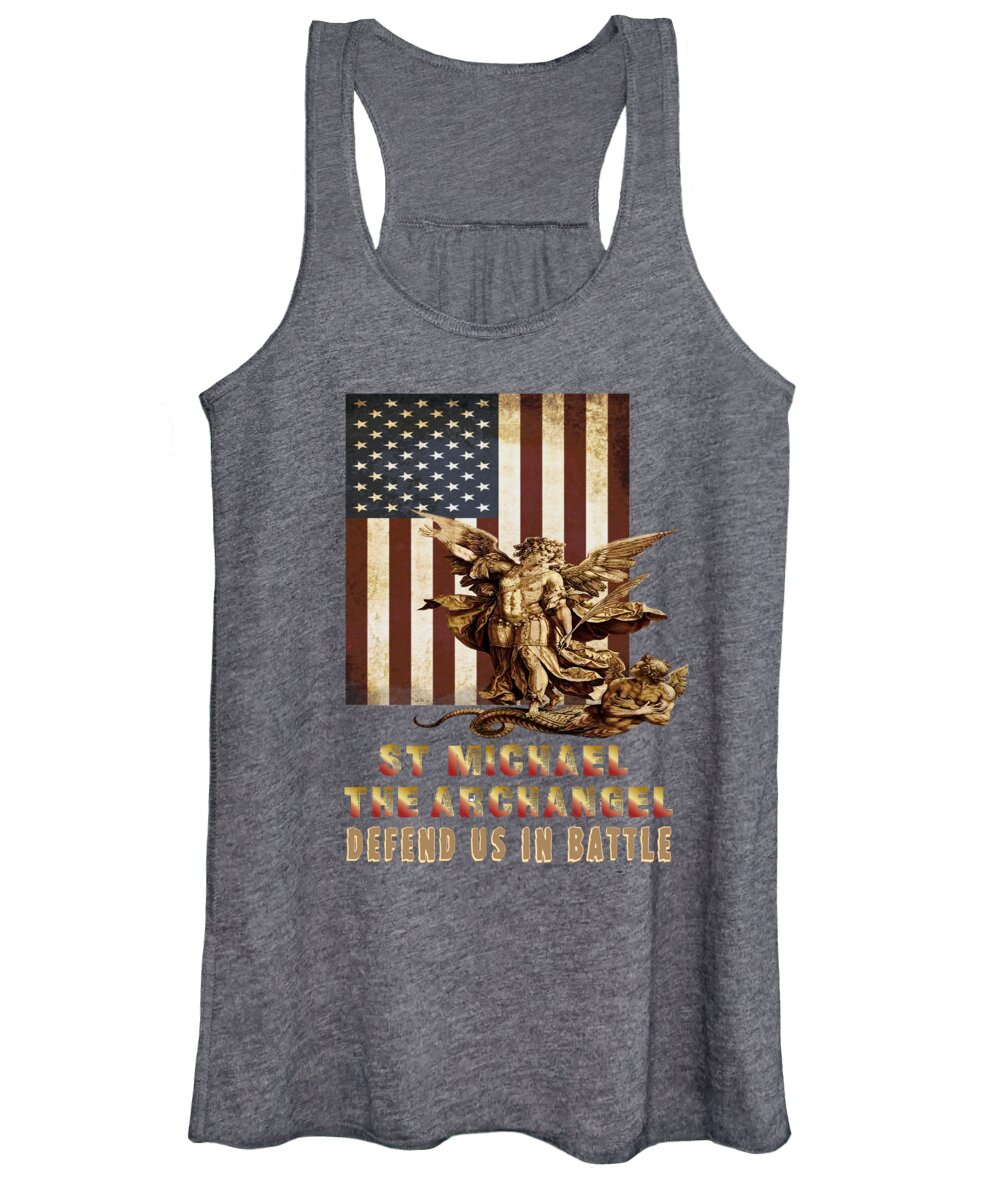 St Michael Women's Tank Top featuring the mixed media St Michael the Archangel and USA Flag 103 by Hieronymus - Detail