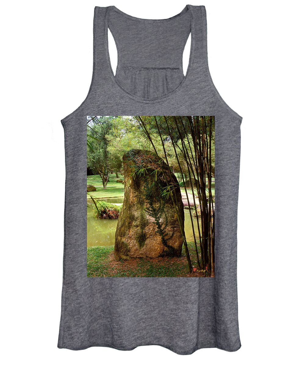 Standing Stone Women's Tank Top featuring the photograph Standing Stone with Fern and Bamboo 19A by Gerry Gantt