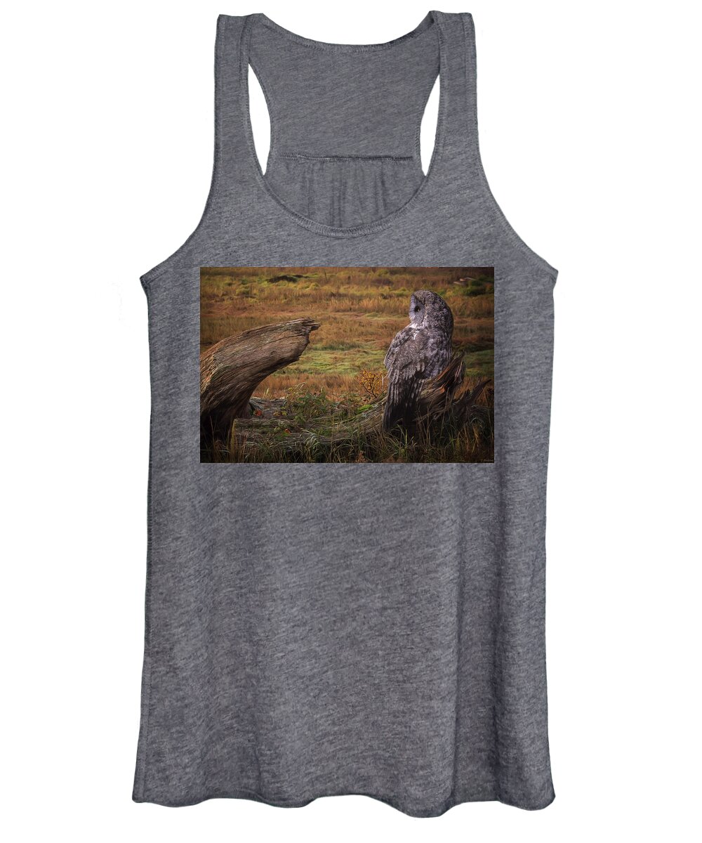 Start Of A New Day Women's Tank Top featuring the photograph Start Of A New Day - Great Grey Owl Art by Jordan Blackstone