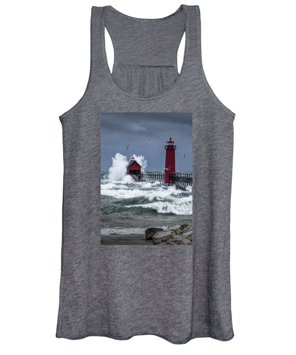 Lighthouse Women's Tank Top featuring the photograph Storm on Lake Michigan by the Grand Haven Lighthouse with Flying Gulls by Randall Nyhof