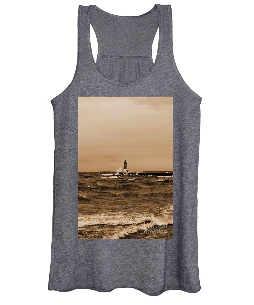 Storm Sandy Women's Tank Top featuring the photograph Storm Sandy Effects Menominee Lighthouse Sepia by Ms Judi