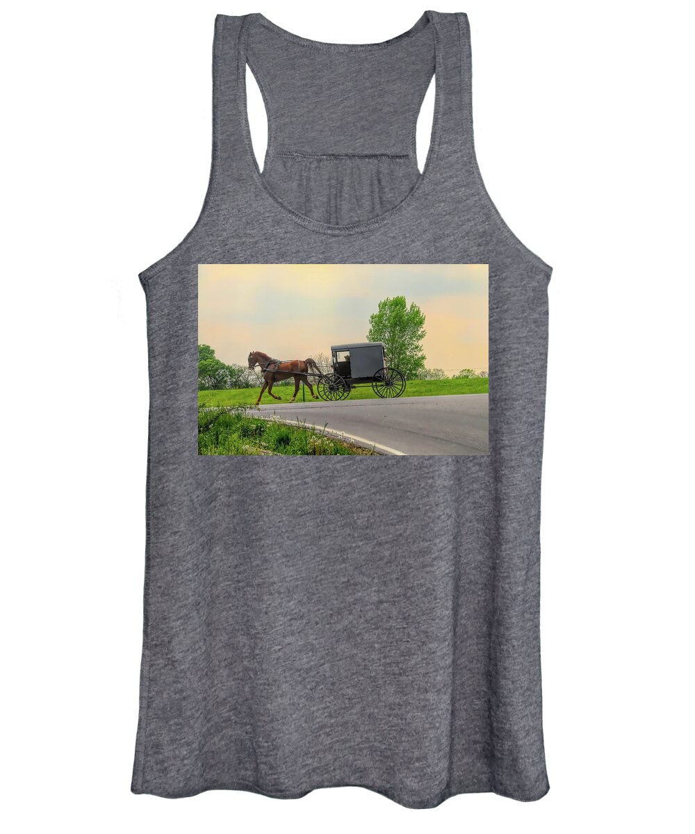 Amish Women's Tank Top featuring the photograph Sunday Ride at Sunset on Ronks Road by Dyle Warren
