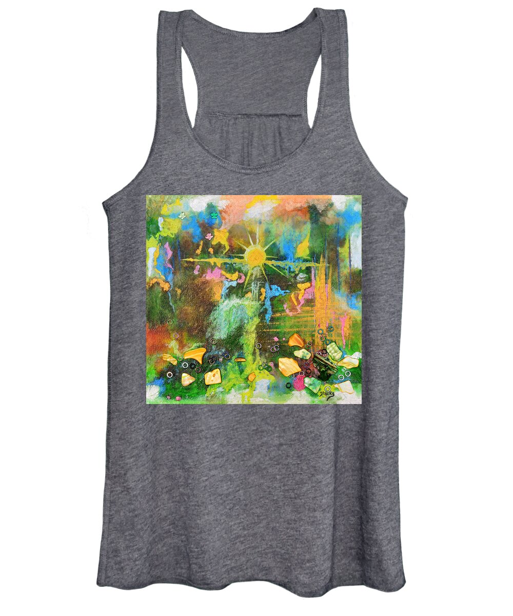 Modern Women's Tank Top featuring the mixed media Sunrise On Lily Pond by Donna Blackhall