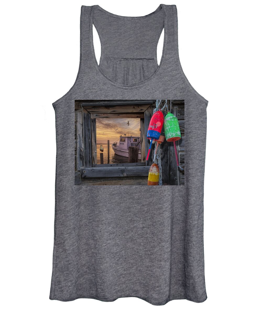 Coast Women's Tank Top featuring the photograph Sunrise Photograph of Boat with Gulls and Fishing Buoys by Randall Nyhof