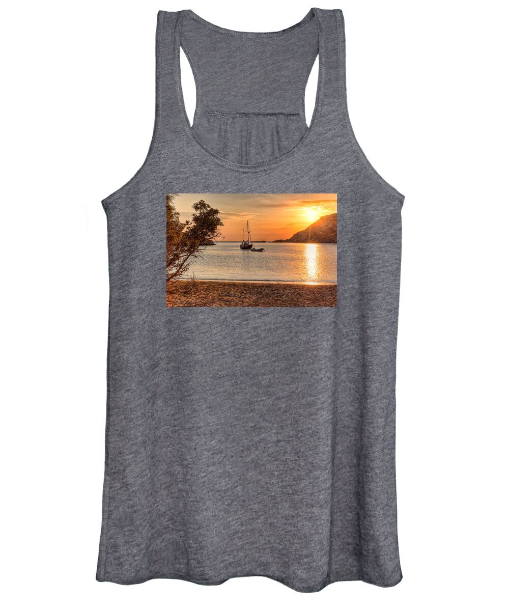 Andros Women's Tank Top featuring the photograph Sunset at Fellos in Andros island - Greece by Constantinos Iliopoulos