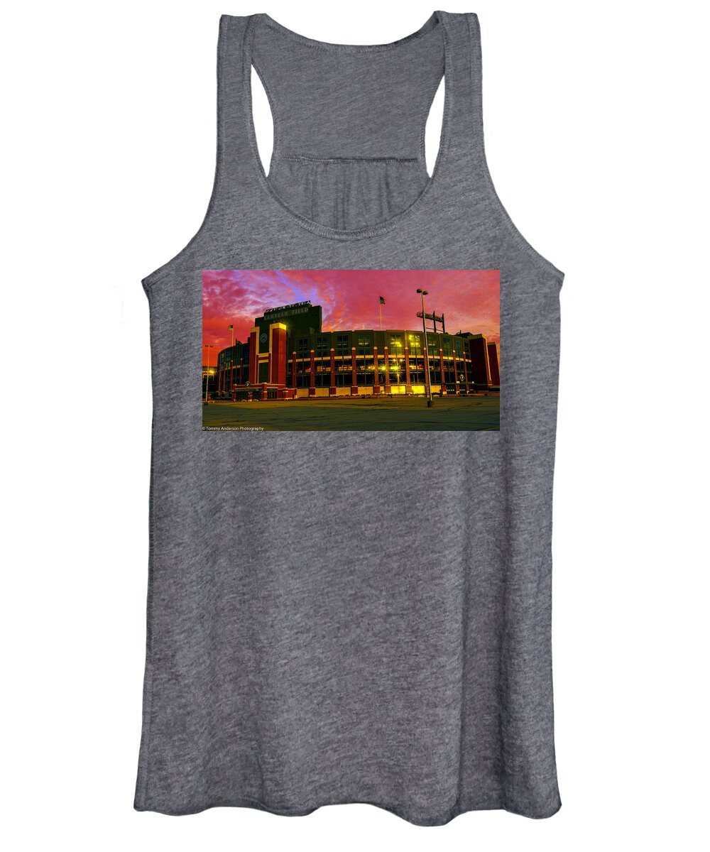 Football Women's Tank Top featuring the photograph Sunset over Lambeau Field by Tommy Anderson