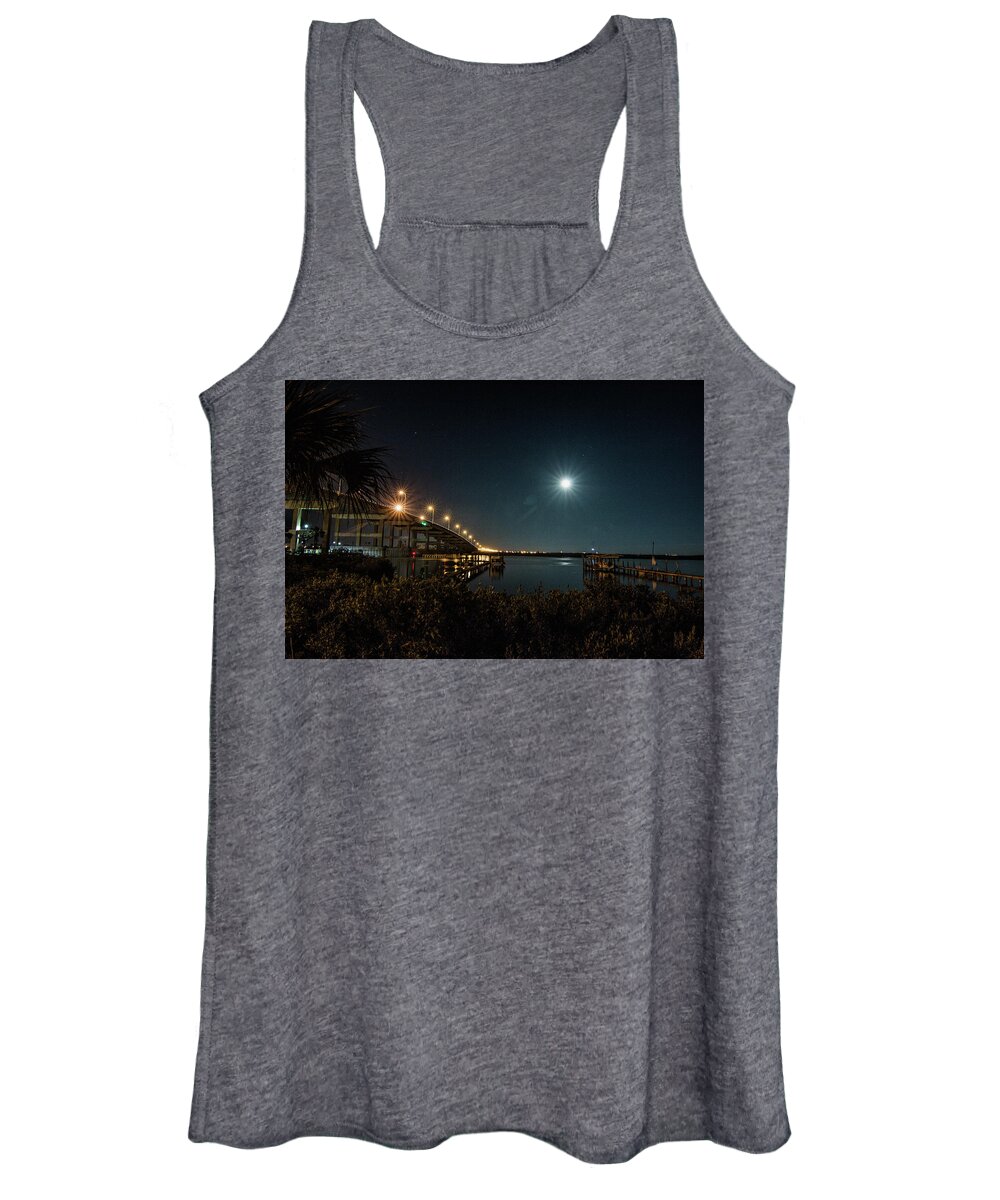 Super Moon Women's Tank Top featuring the photograph Super Moon and Bridge Lights by Dorothy Cunningham