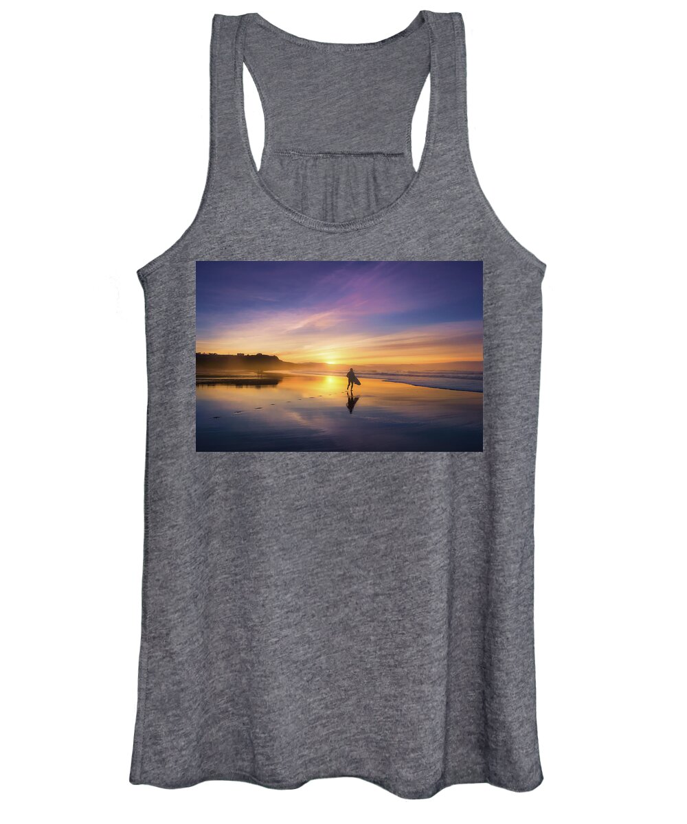 Surfer Women's Tank Top featuring the photograph Surfer In Beach At Sunset by Mikel Martinez de Osaba