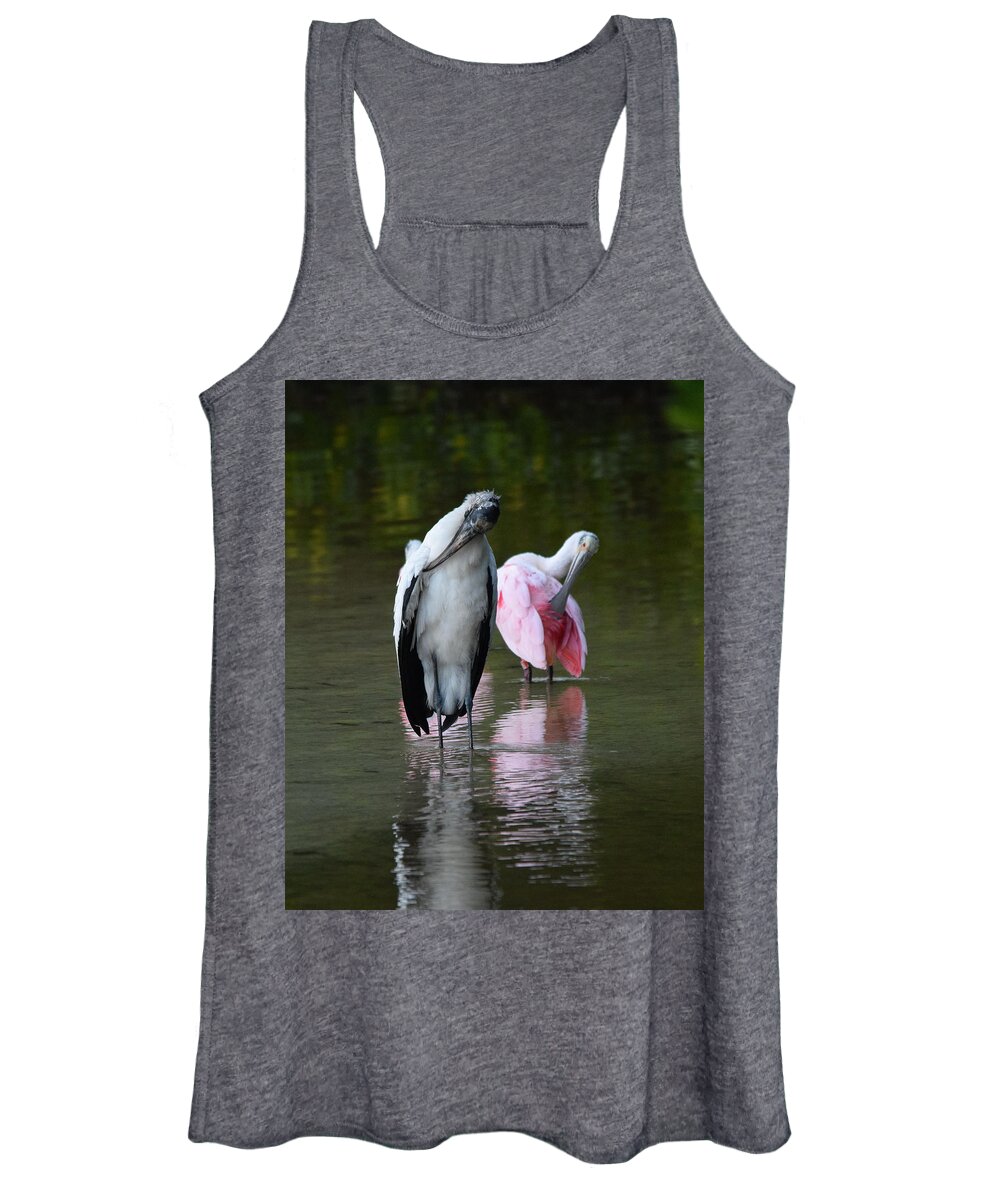 Wood Stork Women's Tank Top featuring the photograph Synchronized Preening by Jim Bennight