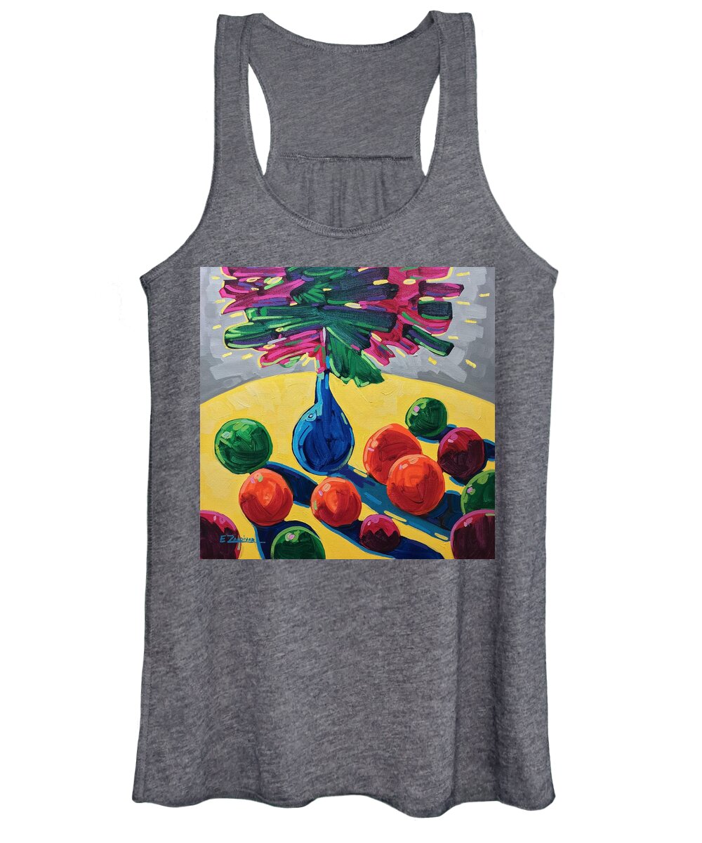 Still Life Women's Tank Top featuring the painting Table with fruits and flowers by Enrique Zaldivar