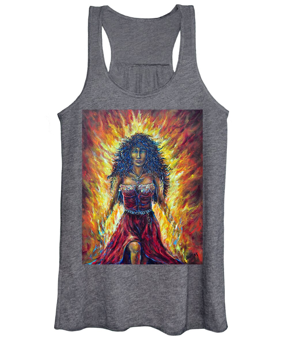 Fantasy Figurative Female Phoenix Fire Red Yellow Strength Passion Women's Tank Top featuring the painting The Phoenix by Gail Butler