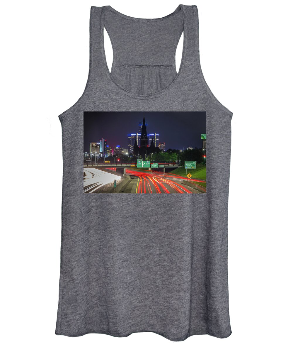 Detroit Women's Tank Top featuring the photograph The Renaissance Center and St. Josephat at night... by Jay Smith