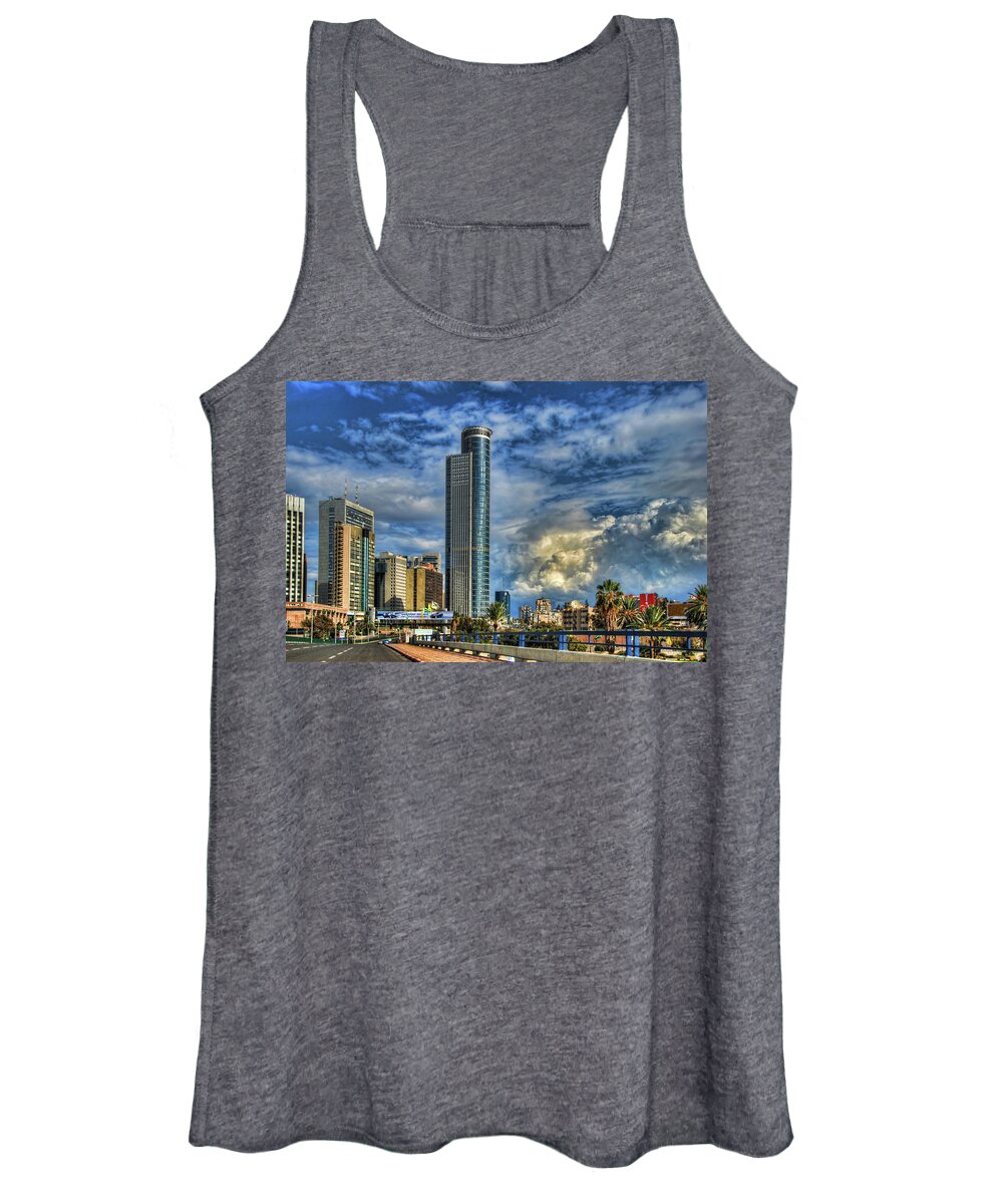 Israel Women's Tank Top featuring the photograph The Skyscraper And Low Clouds Dance by Ron Shoshani