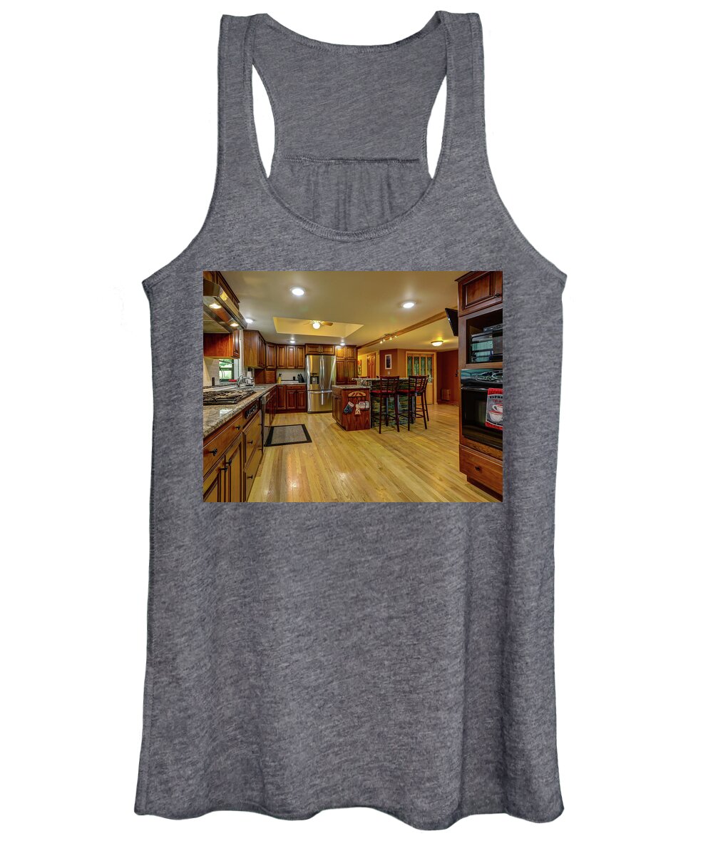 Real Estate Photography Women's Tank Top featuring the photograph This is the kitchen and dining room of the Burns Rd Chalet by Jeff Kurtz