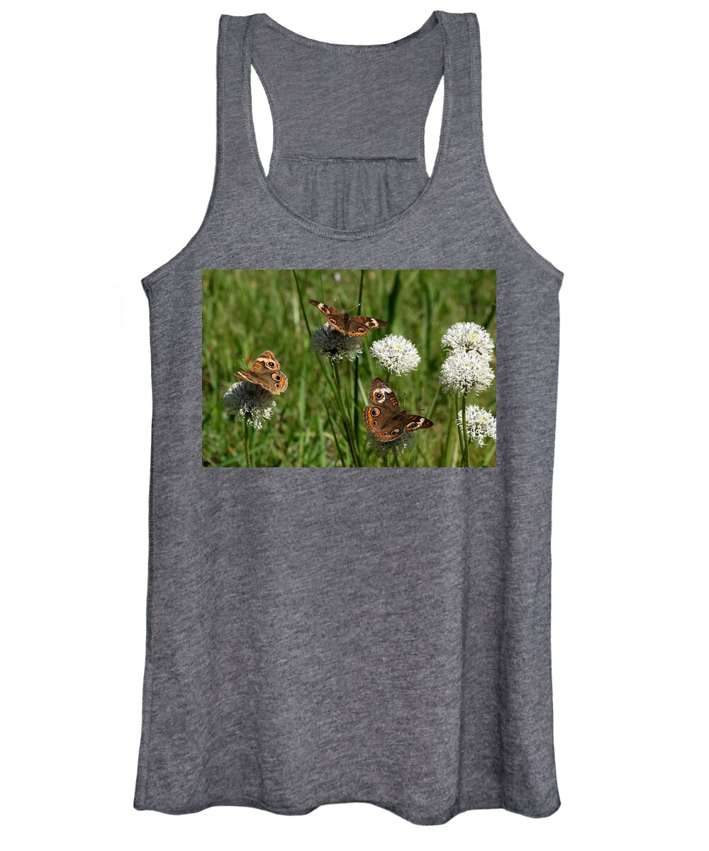 Nature Women's Tank Top featuring the photograph Three Buckeye Butterflies on Wildflowers by Sheila Brown