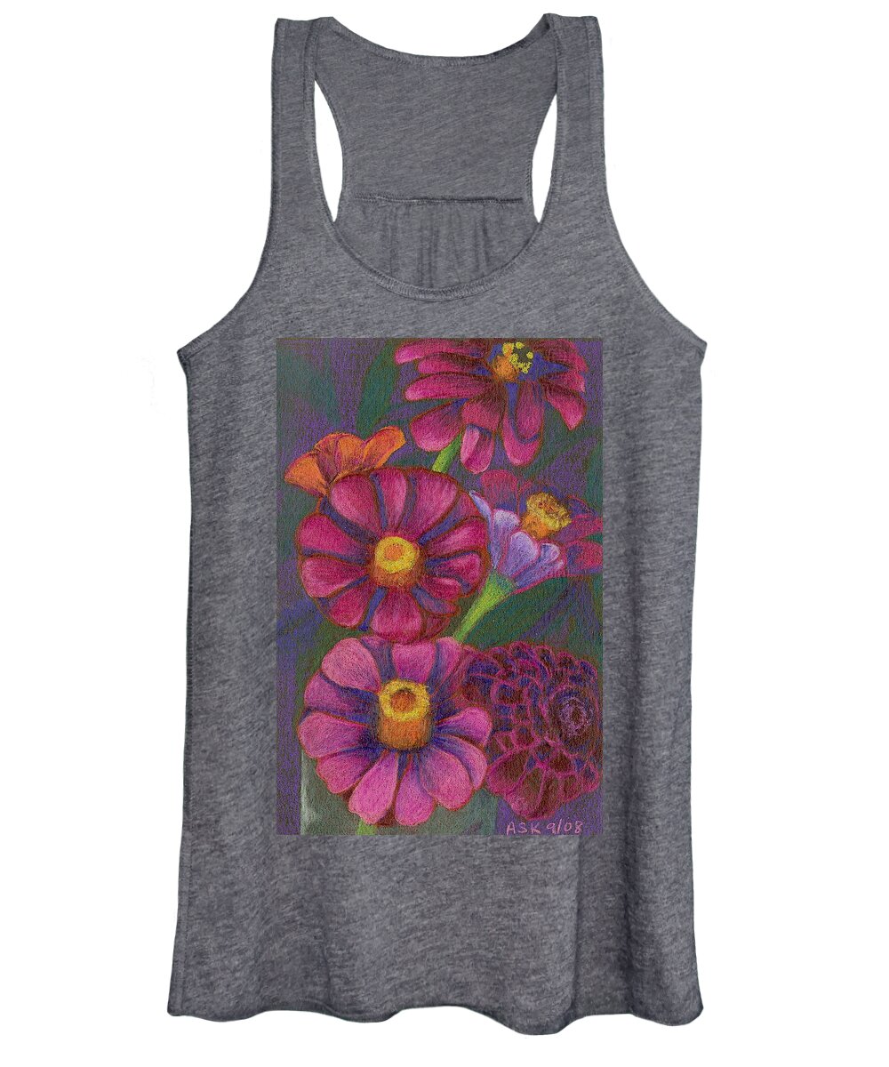 Flowers Women's Tank Top featuring the drawing Top Hat Zinnias by Anne Katzeff