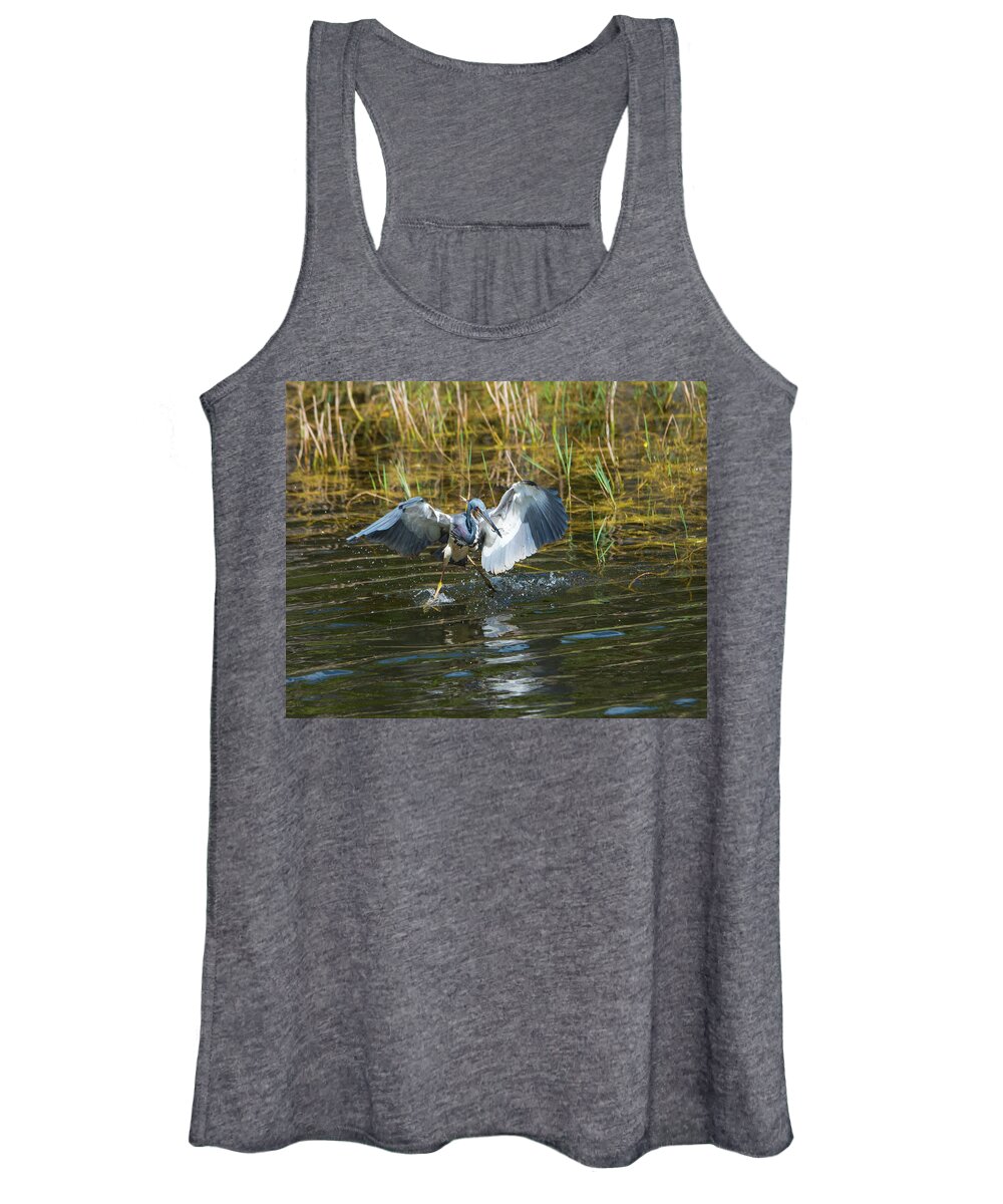Tri-colored Heron Women's Tank Top featuring the photograph Tricolored Heron Dinner and Dancing by Artful Imagery